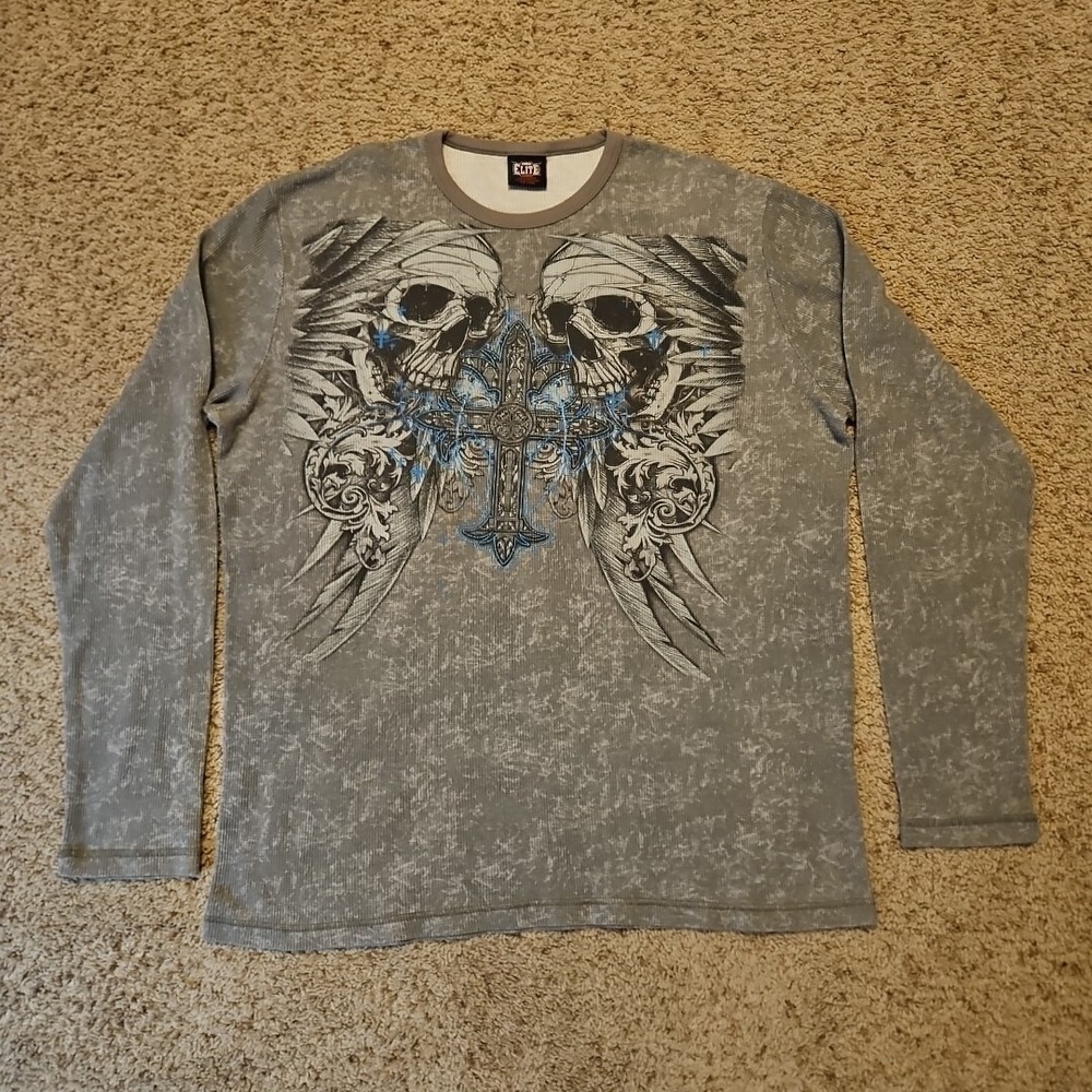 MMA Elite Shirt Mens XXL Y2K Skulls Cross Grunge Gothic Grey Long Sleeve Thermal